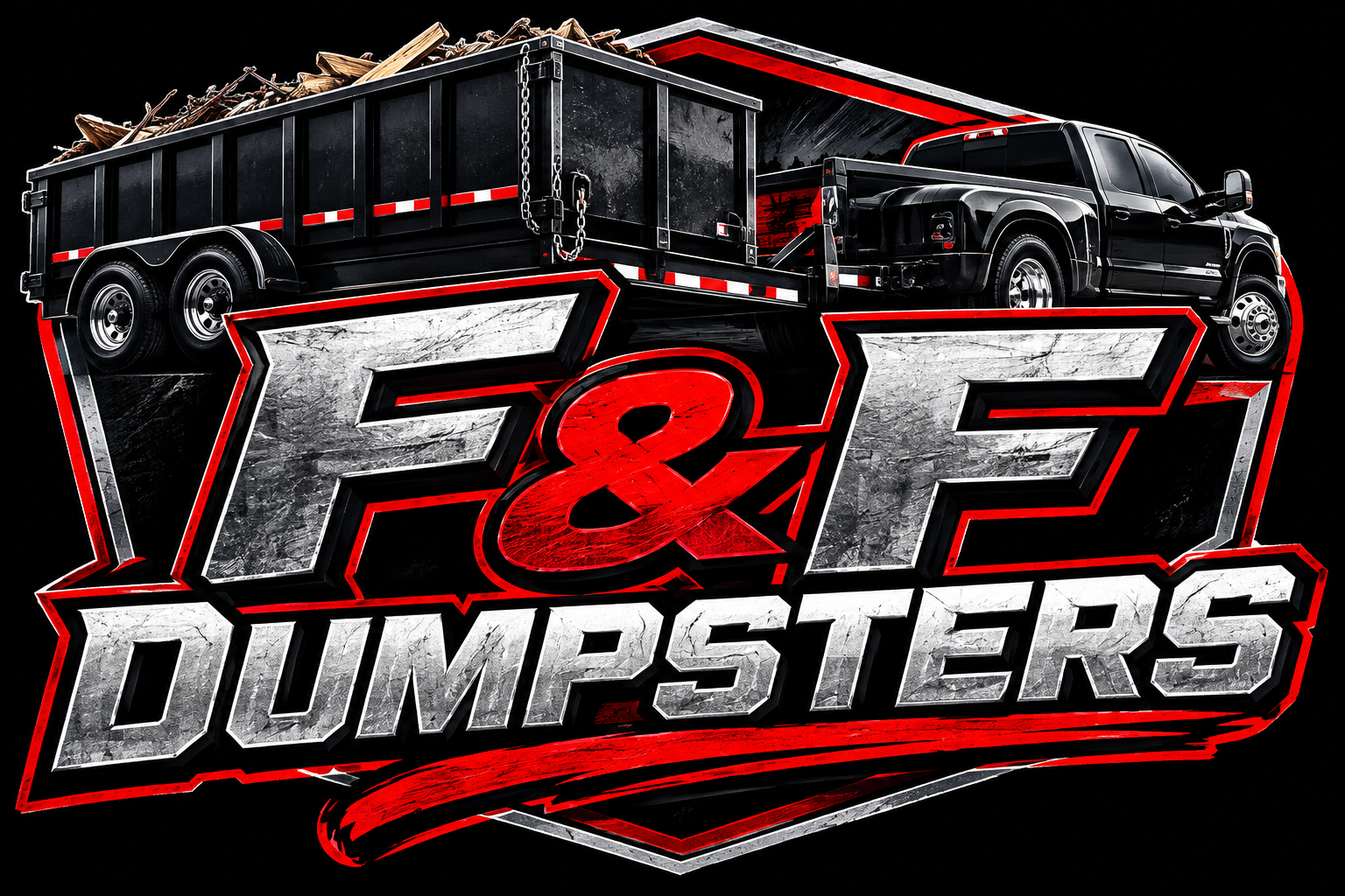 Black pickup and roll-off dumpster, F&F Dumpsters